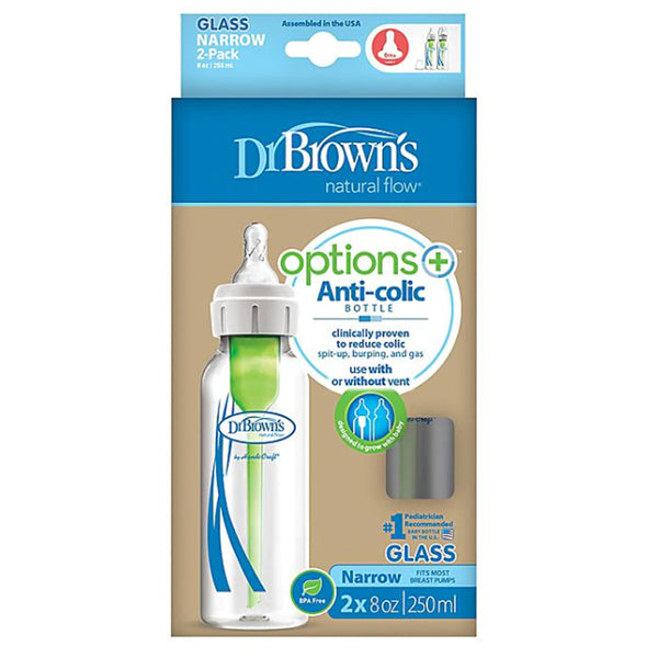 Dr. Brown s Natural Flow Anti-Colic Options+ Narrow Glass Baby Bottles 8  oz/250 mL with Level 1 Slow Flow Nipple 2 Pack 0m+ 8 oz 2 Pack
